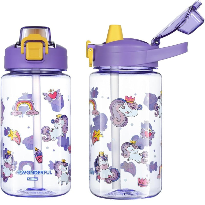 Sticla apa pentru copii Edman 600ml, rezistenta la scurgeri, model unicorn, Mov