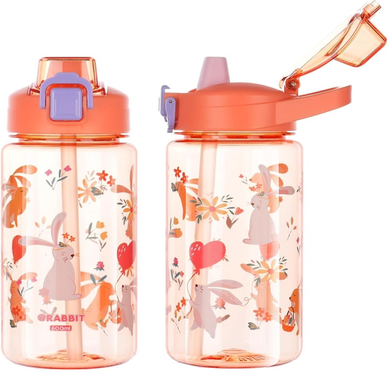 Sticla apa pentru copii Edman 600ml, rezistenta la scurgeri, model iepure, Portocaliu