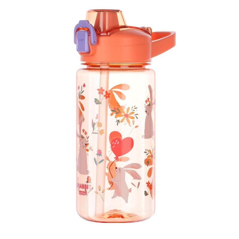 Sticla apa pentru copii Edman 600ml, rezistenta la scurgeri, model iepure, Portocaliu